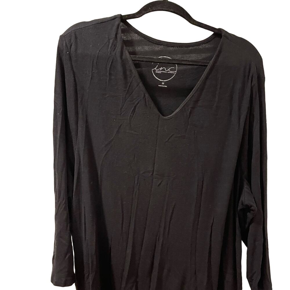 INC Women's Plus 3X Ribbed Black 3/4 Sleeve V-Neck Top with Light Lining